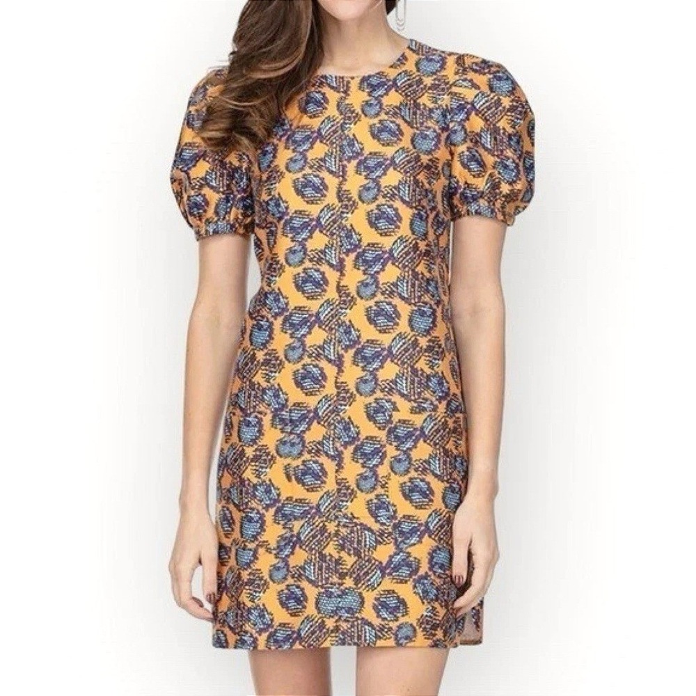 Jade Melody Tam Womens XS Mustard Yellow Abstract Print Puff Sleeve Shift Dress